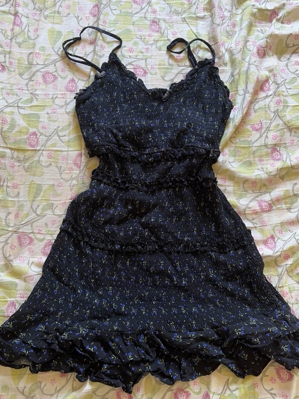 Olivaceous Black Floral Smocked Mini Dress